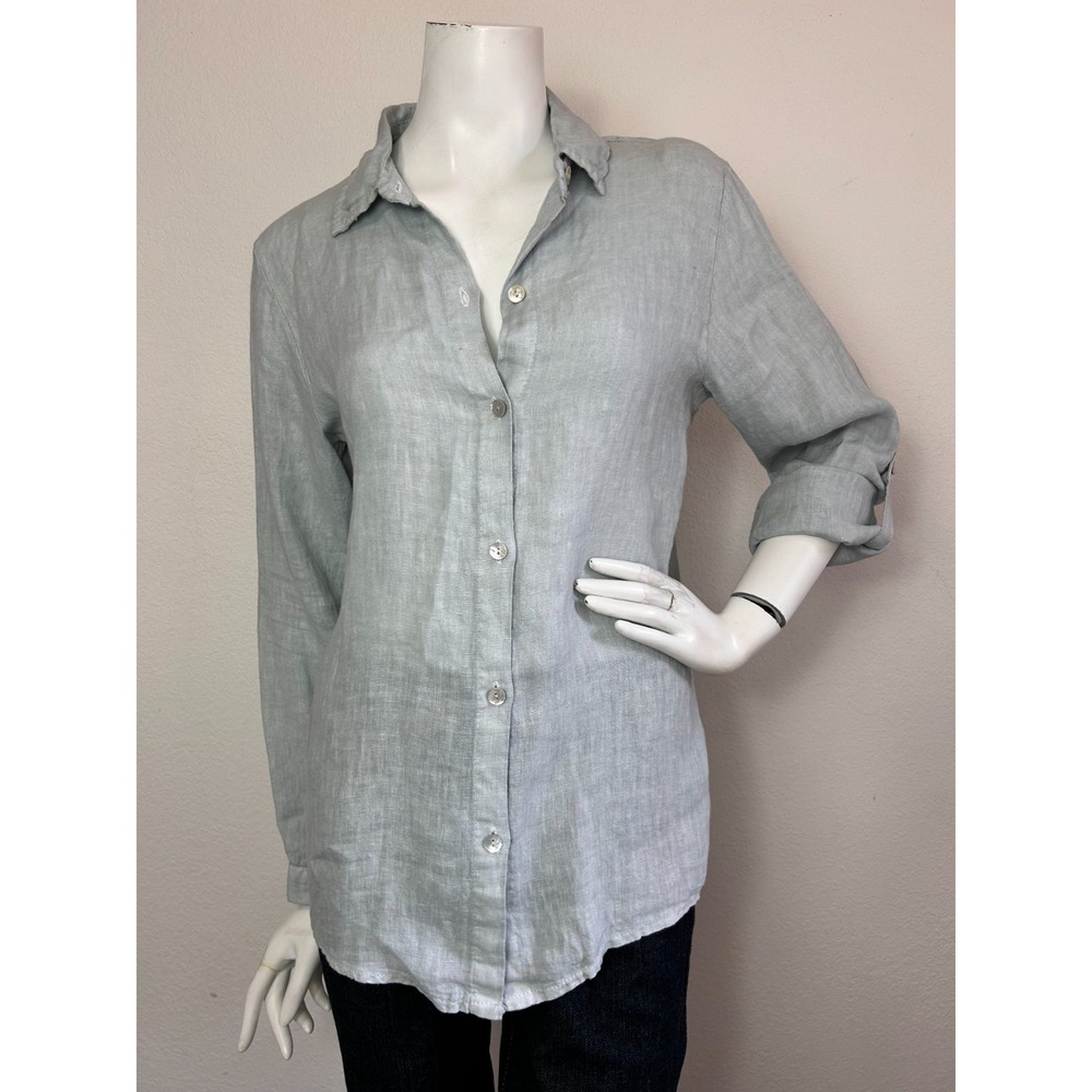 Angela Mara Linen Button Up Top Crochet Back Roll Tab Sleeve Grey Size Large - Picture 3 of 8